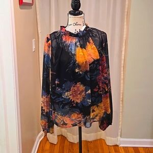 RACHEL ZOE ▪︎ Women's Colorful Sheer Floral Black Blouse, Size Large, New w/o Ta